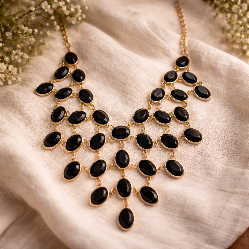Bib Style Statement Necklace Gold‎ Tone Surrounding Faceted Oval Black Beads